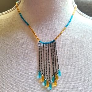 Orange and Blue Teal Aqua Beaded Necklace
